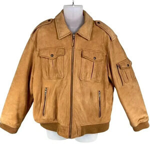 Roundtree & Yorke Mens L Genuine Leather Bomber Jacket Tan Diamond Quilted Liner